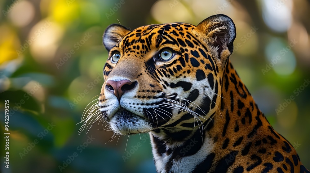 Fototapeta premium Jaguar Portrait, Wild Cat, Closeup, Green Background
