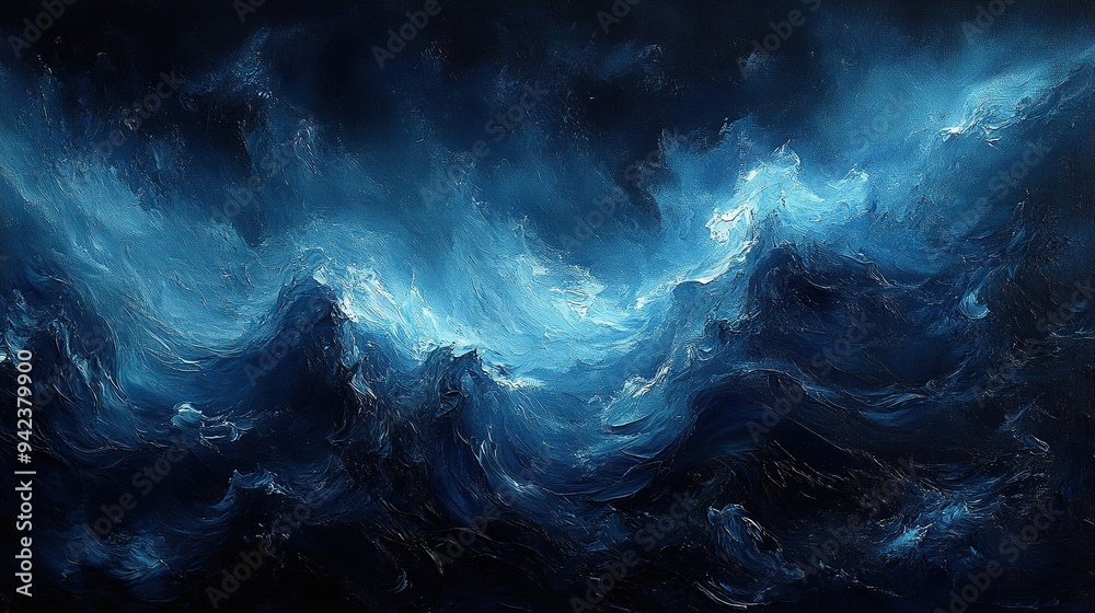 Fototapeta premium Swirling blue and black colors feature in an abstract painting.