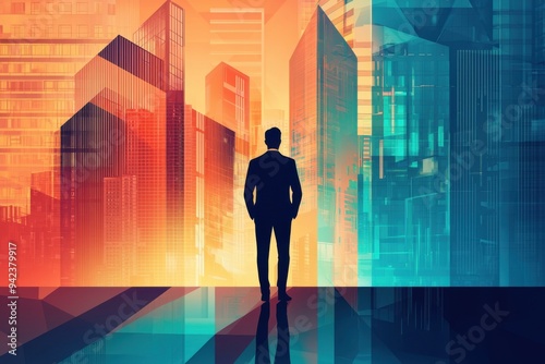 A businessman stands confidently against a backdrop of vibrant city skyscrapers, symbolizing ambition and success in a modern world.