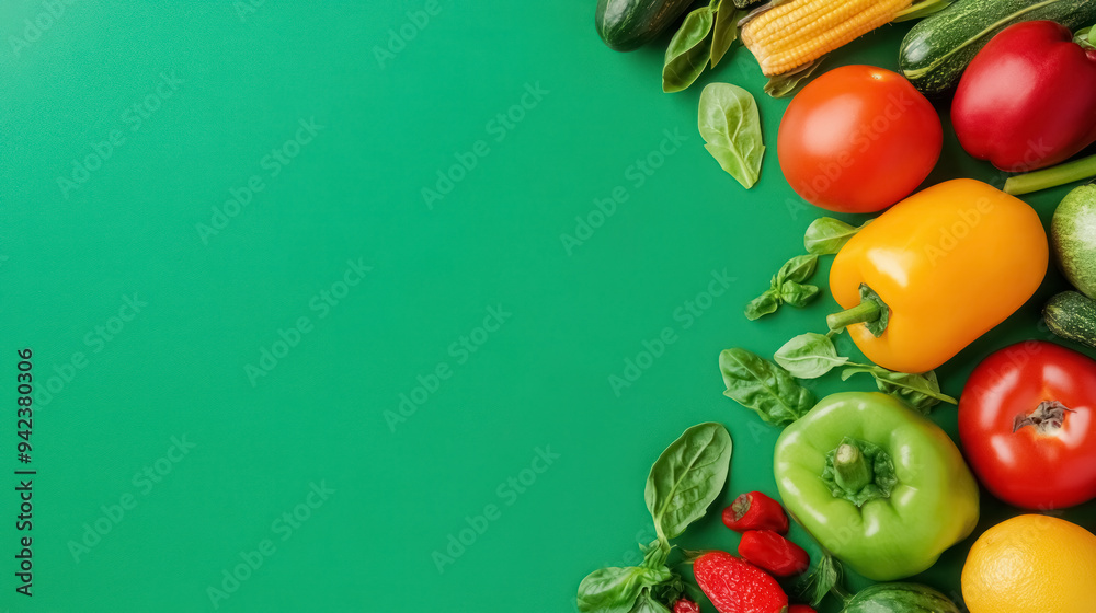 vibrant assortment of fresh vegetables on bright green background, with copy space for text