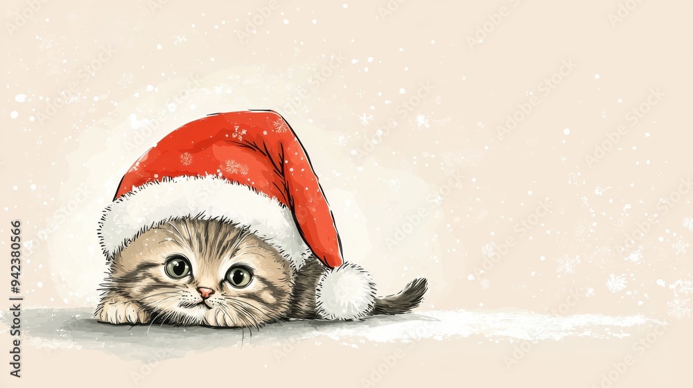A cute kitten wearing a red Christmas hat, playfully peeking out with a snowy backdrop, evoking holiday cheer. A cute kitten wearing a red Christmas hat, playfully peeking out with a snowy backdrop, evoking holiday cheer.