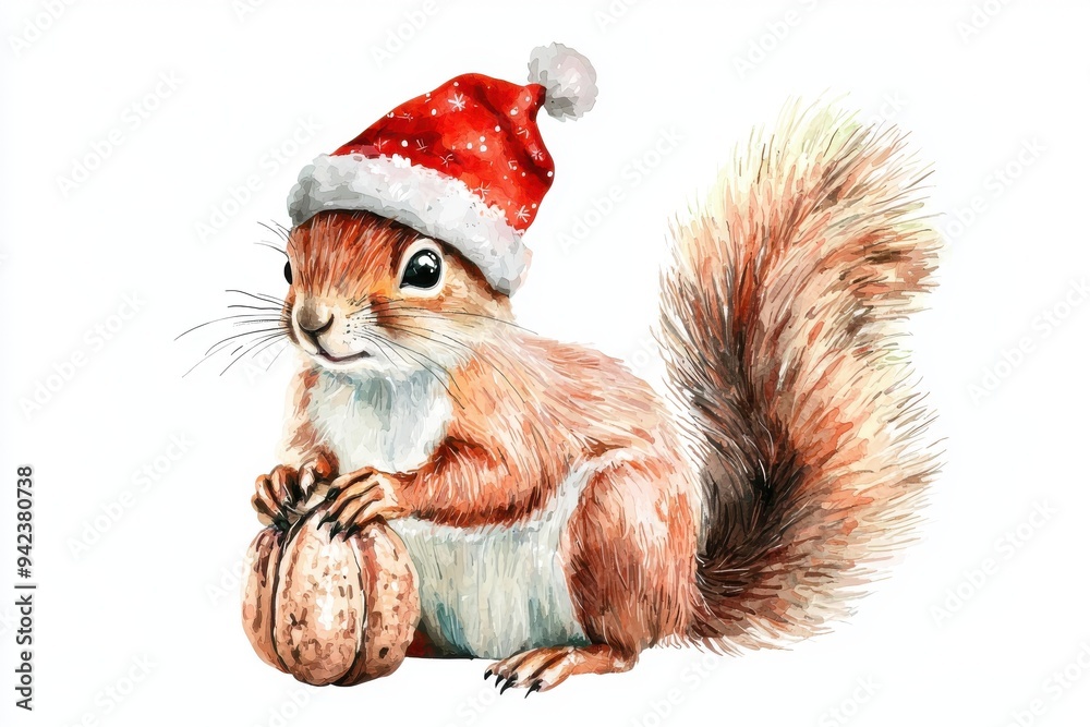 A cute squirrel wearing a Christmas hat, holding a nut, perfect for festive and holiday-themed designs. A cute squirrel wearing a Christmas hat, holding a nut, perfect for festive and holiday-themed designs.