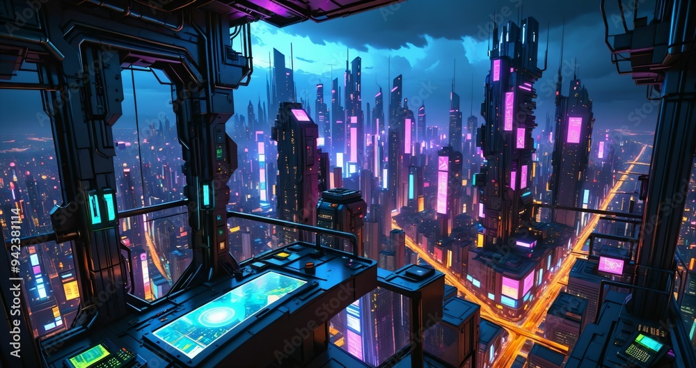 Obraz premium sci fi city aerial view from skyscraper tall tower building at night. futuristic neon landscape of urban night city district from bird's eye view on patio balcony terrace.