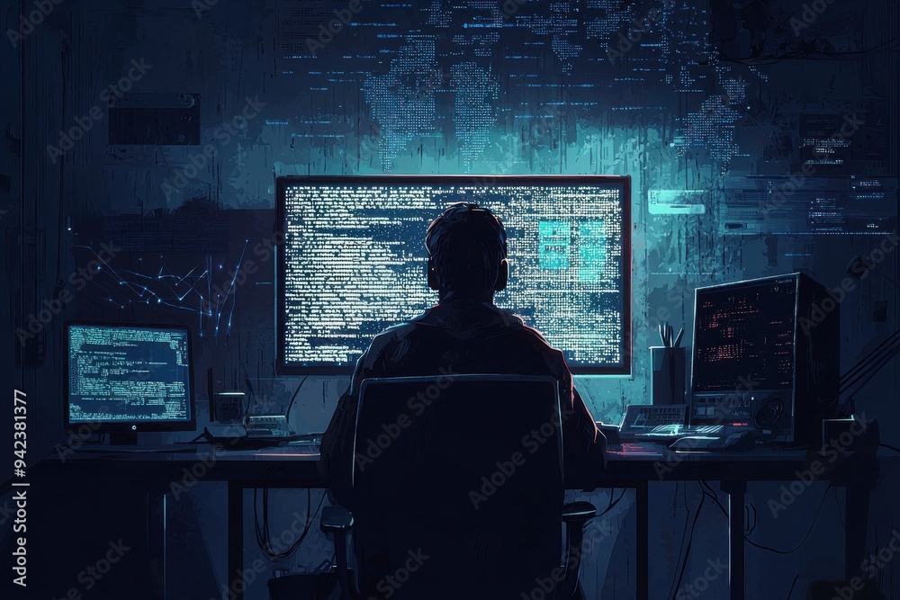 A programmer works late at night, surrounded by multiple screens displaying code and digital data in a dimly lit room. A programmer works late at night, surrounded by multiple screens displaying code and digital data in a dimly lit room.
