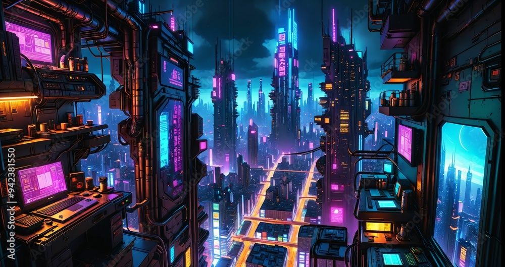 Fototapeta premium sci fi city aerial view from skyscraper tall tower building at night. futuristic neon landscape of urban night city district from bird's eye view on patio balcony terrace.