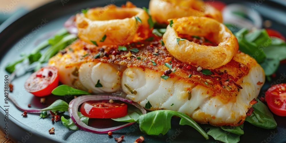 Dish of Fish Salad and Onion Rings Dish of Fish Salad and Onion Rings