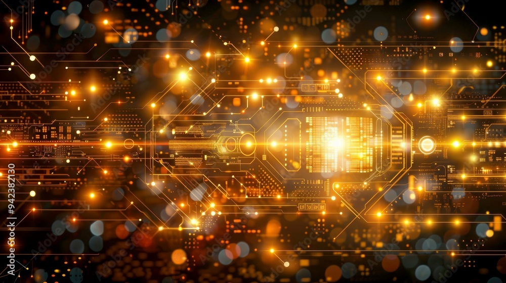 Abstract Golden Circuit Board with Glowing Lights Abstract Golden Circuit Board with Glowing Lights