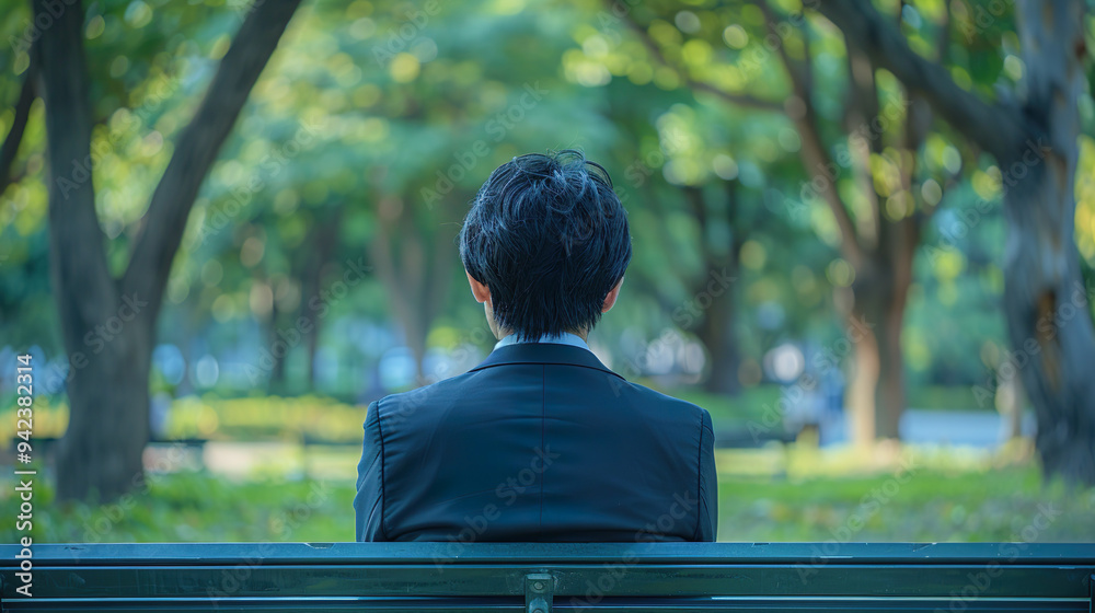 Fototapeta premium 公園のベンチに座るスーツ姿のアジア人男性の後ろ姿