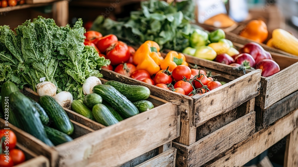 Regional organic shop / farmers market, vegetarian, vegan food background - Fresh healthy vegetables in wooden boxes on table Regional organic shop / farmers market, vegetarian, vegan food background - Fresh healthy vegetables in wooden boxes on table