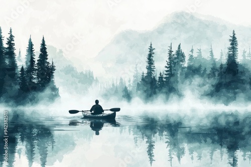 A tranquil scene of a lone kayaker amidst misty waters and forested mountains, evoking peace and solitude in nature.