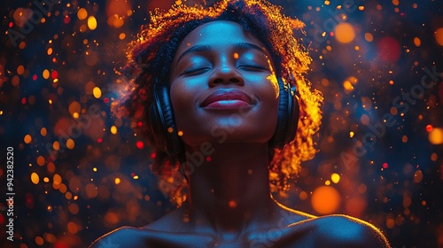 Headphones and vibrant effects envelop an African woman enjoying music.