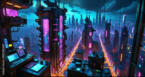 sci fi city aerial view from skyscraper tall tower building at night. futuristic neon landscape of urban night city district from bird's eye view on patio balcony terrace.