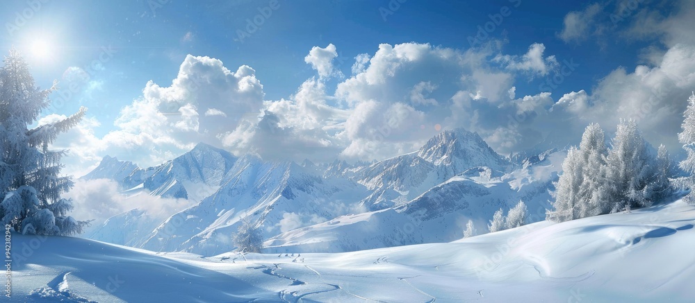 Naklejka premium Winter Landscape With Mountains Snow And Sky