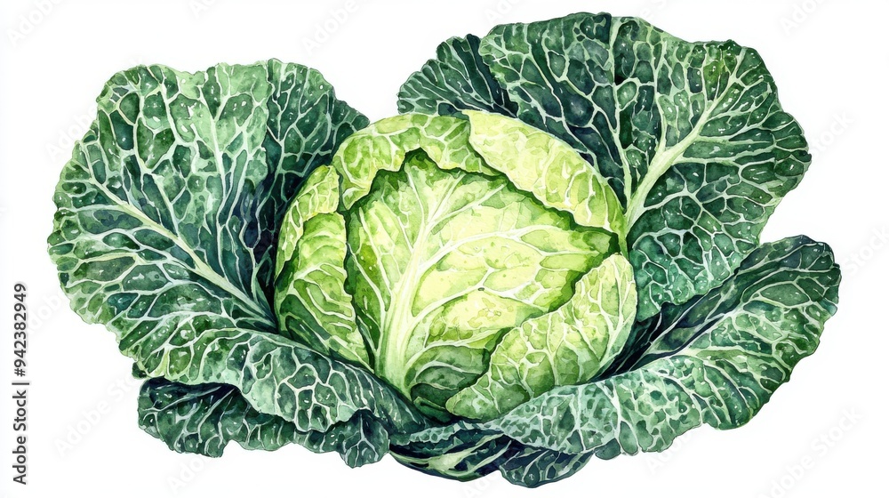 Fototapeta premium Fresh green cabbage with textured leaves, ideal for health recipes and gardening illustrations.