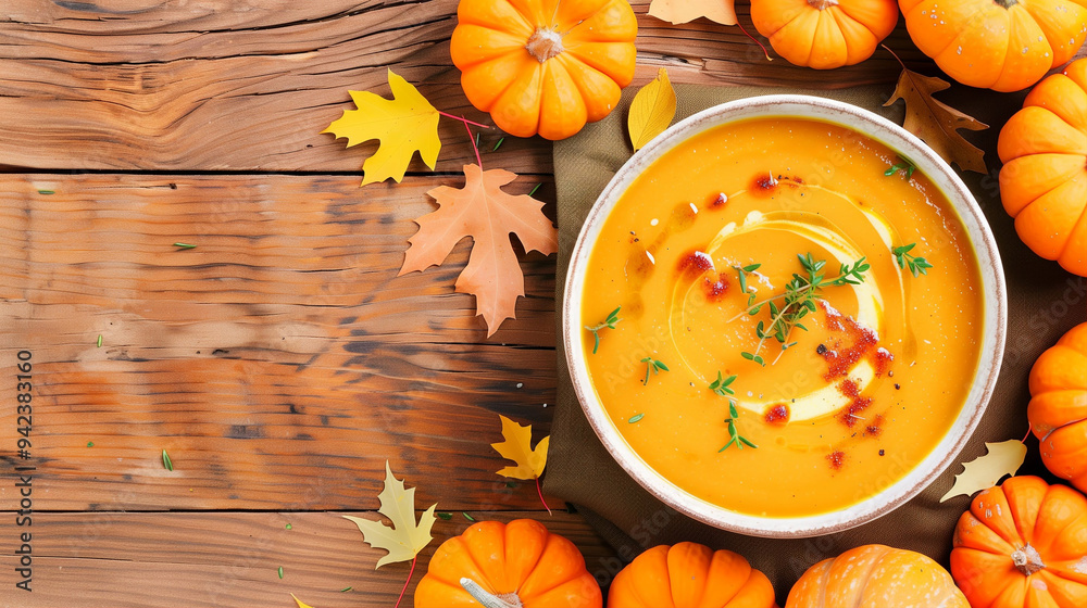 Pumpkin soup with rustic autumn decor and fresh herbs in a bowl surrounded by seasonal pumpkins and leaves Pumpkin soup with rustic autumn decor and fresh herbs in a bowl surrounded by seasonal pumpkins and leaves