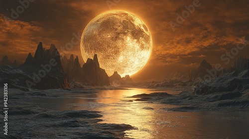 A large moon illuminates an alien landscape.