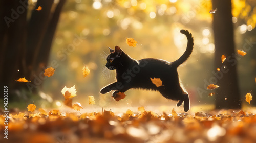 black cat playing in autumn leaves under golden sunlight