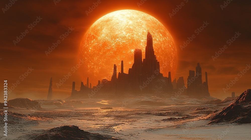 Obraz premium An orange moon lights up an alien landscape.