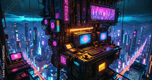 sci fi city aerial view from skyscraper tall tower building at night. futuristic neon landscape of urban night city district from bird's eye view on patio balcony terrace.