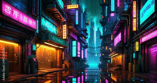 futuristic sci fi cyberpunk city street urban district at night. neon signs on buildings and reflective metal with bars, stalls and business kiosks.