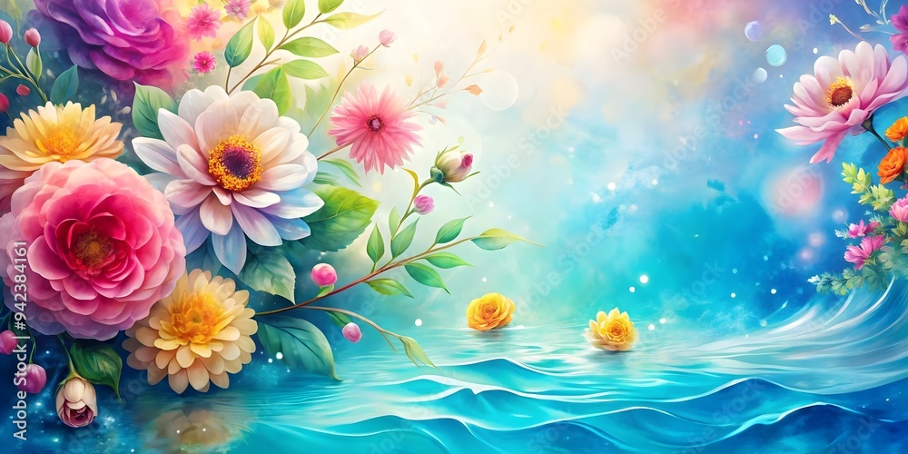 dynamic floral design with vivid flowers on reflective water dynamic floral design with vivid flowers on reflective water