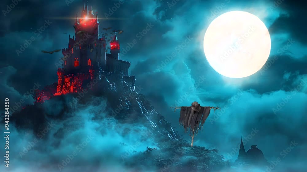 Spooky castle on a hill under a full moon with eerie fog and a scarecrow. Seamless looping time-lapse 4k video animation background Spooky castle on a hill under a full moon with eerie fog and a scarecrow. Seamless looping time-lapse 4k video animation background