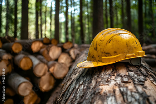 A yellow hard hat resting on a log in a dense forest, symbolizing safety in forestry and logging occupations. photo