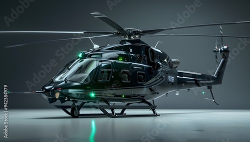 Photo of black halo helicopter, grey background, green lights on the front,  photo