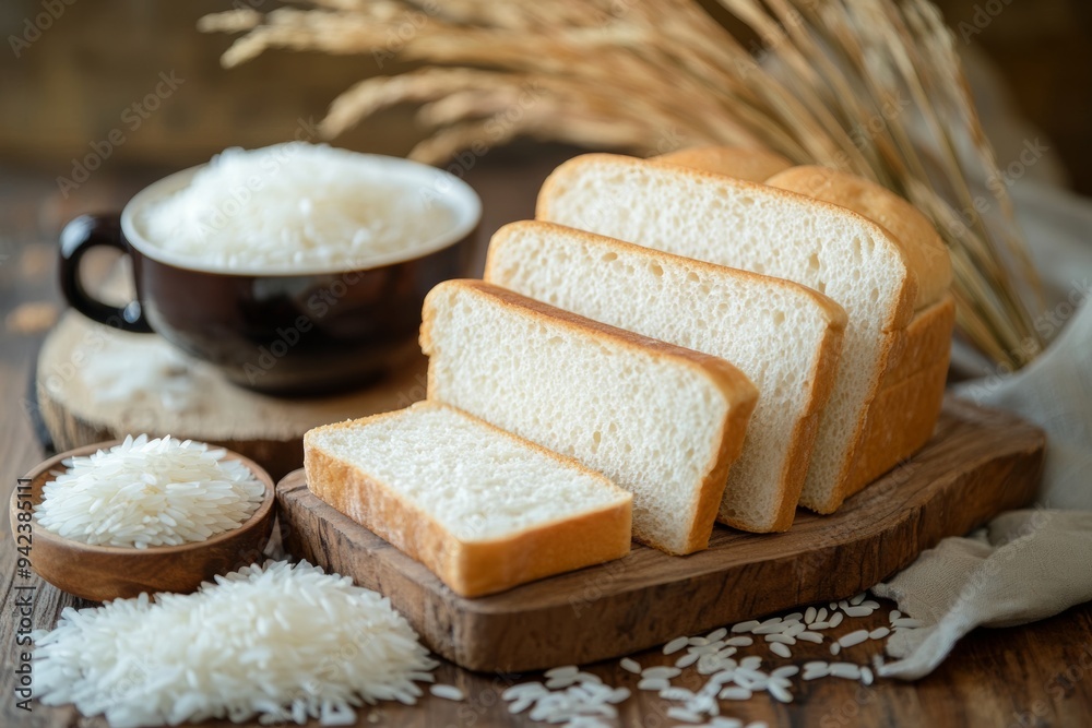 Freshly sliced bread served with bowls of uncooked rice and decorative rice grains on a rustic wooden table Freshly sliced bread served with bowls of uncooked rice and decorative rice grains on a rustic wooden table