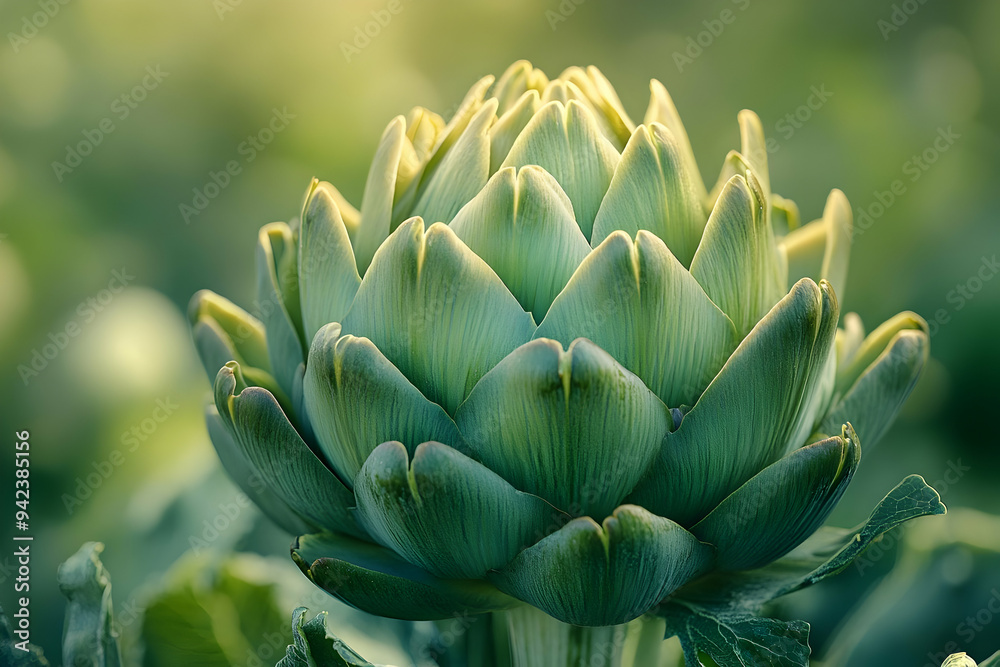Close-up of a fresh green artichoke basking in soft natural light, showcasing intricate leaves and vibrant color. Close-up of a fresh green artichoke basking in soft natural light, showcasing intricate leaves and vibrant color.