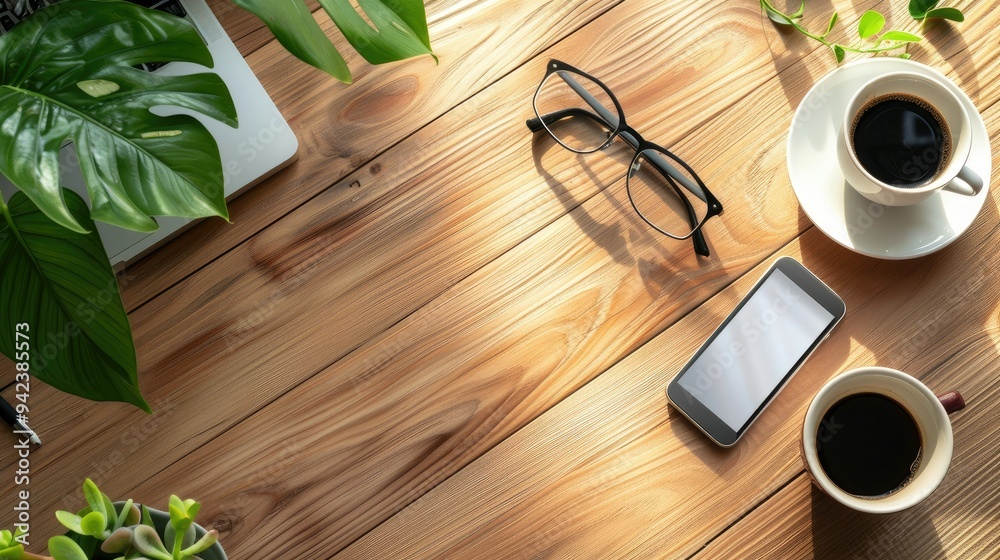 Minimalist office desk with sleek tech gadgets and a cup of coffee Minimalist office desk with sleek tech gadgets and a cup of coffee