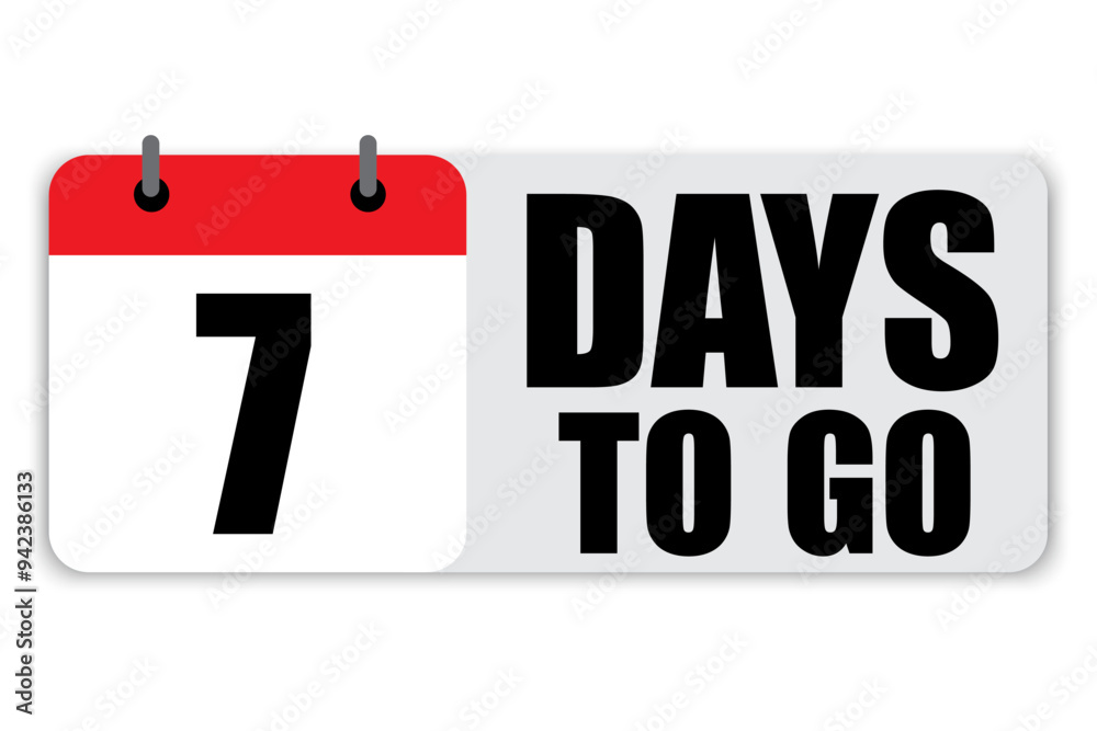 Countdown calendar icon. Number seven focus. Bold 7 days to go text. Red and white layout. Countdown calendar icon. Number seven focus. Bold 7 days to go text. Red and white layout.