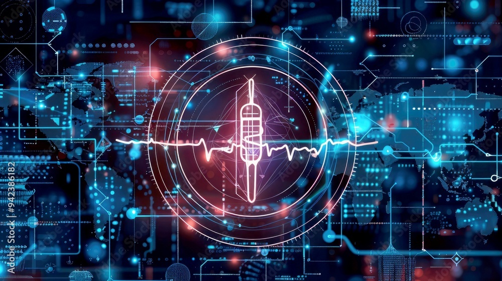 Digital Syringe and Circuitry with a Heartbeat on a World Map Digital Syringe and Circuitry with a Heartbeat on a World Map