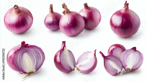 A collection of red onions, whole and sliced, showcasing their layers and vibrant color.