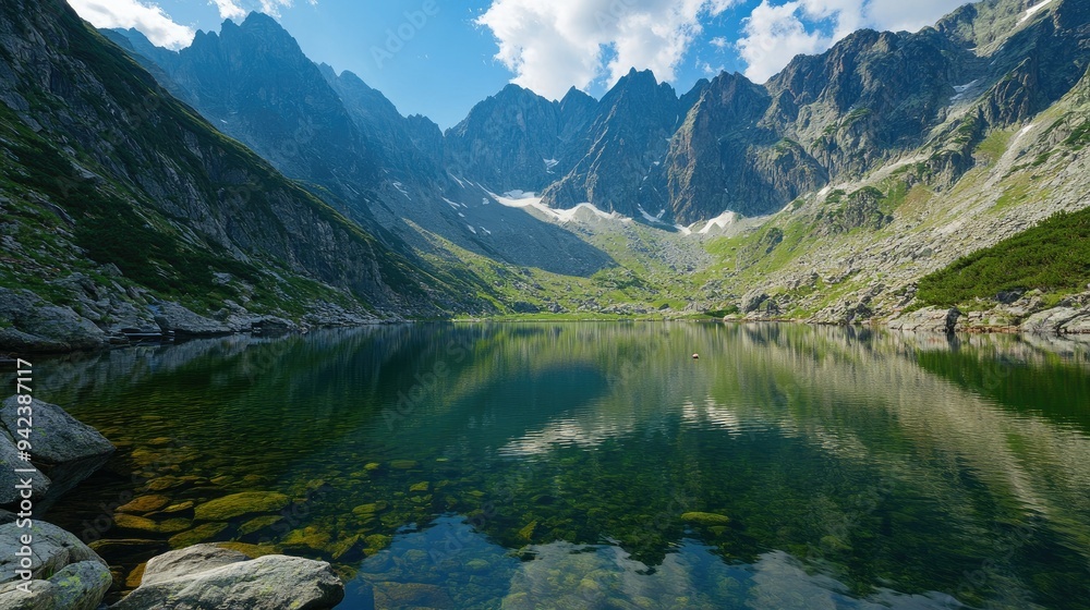 Tranquil lake reflecting towering mountains Tranquil lake reflecting towering mountains