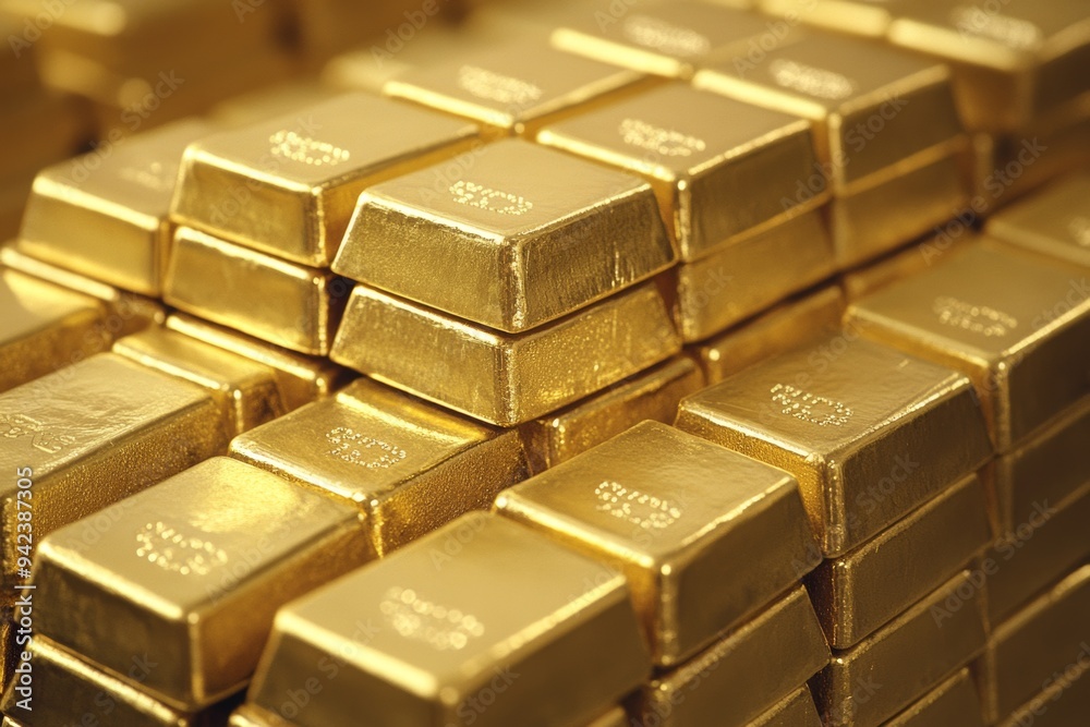 Golden bars stacked high in a modern vault shimmering under soft lighting