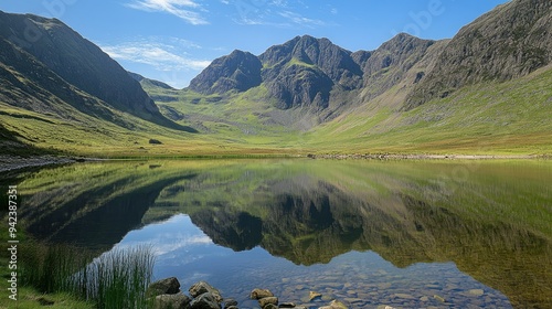 Tranquil lake reflecting towering mountains