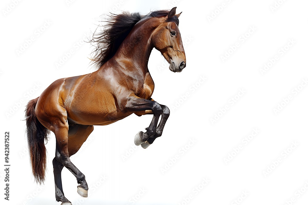 Obraz premium A majestic brown horse rearing in motion against a white background.