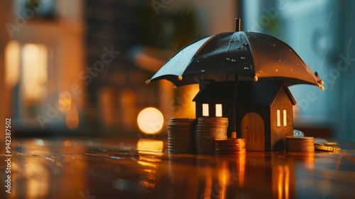 Wallpaper Mural Model of umbrella with house and coins on wooden table concept of the system of insurance savings and the cost of health insurance  Torontodigital.ca