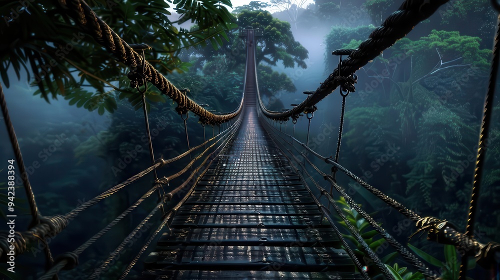 Obraz premium Rainforest canopy walkway, Fantasy, Lush, Watercolor, Highlighting unique ecosystem perspective