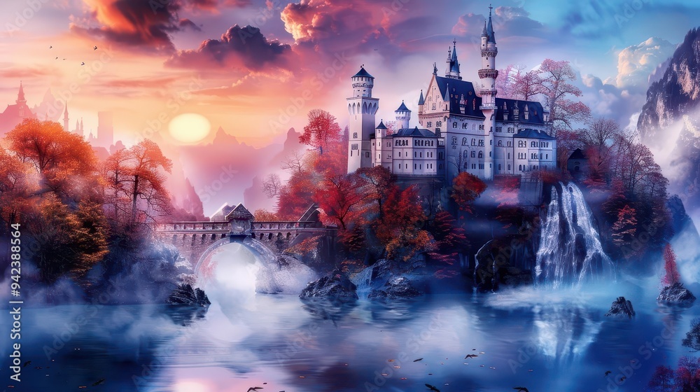 Fototapeta premium Regal castle on a cliffside, Fantasy, Majestic, Watercolor, Emphasizing grandeur and scenery
