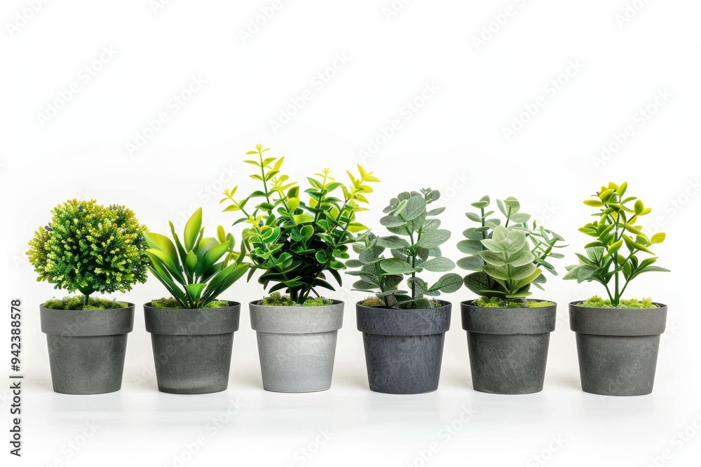 A vibrant display of six potted plants arranged artistically on a white background, showcasing different hues and textures in natural decor A vibrant display of six potted plants arranged artistically on a white background, showcasing different hues and textures in natural decor