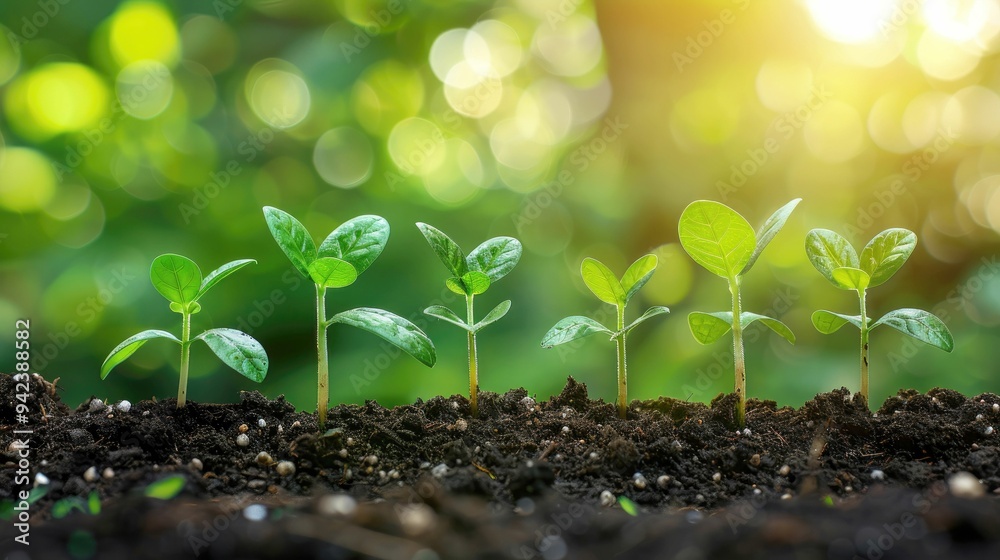 Row of Green Seedlings Emerging From Dark Soil in Sunlight Row of Green Seedlings Emerging From Dark Soil in Sunlight