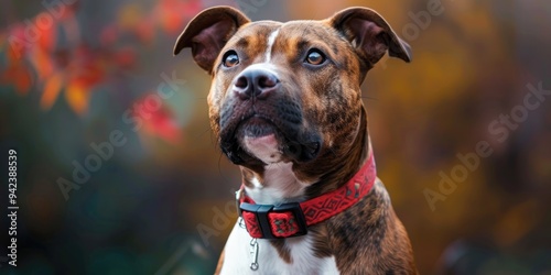 A happy mixed-breed dog of the Pit Bull Terrier type wearing a bright red Martingale collar photo