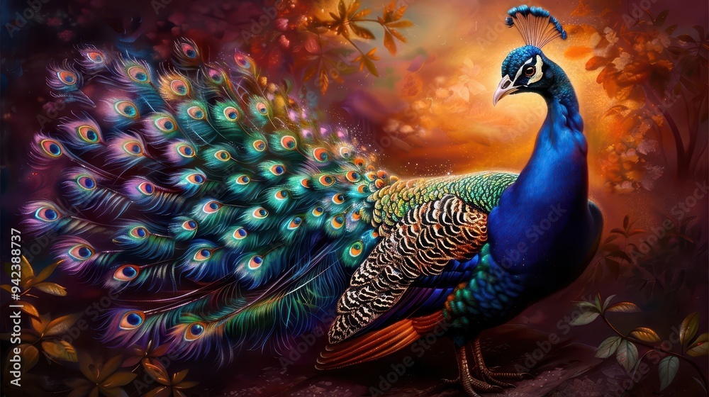 Fototapeta premium Resplendent peacock display, Fantasy, Vibrant, Watercolor, Highlighting natural beauty