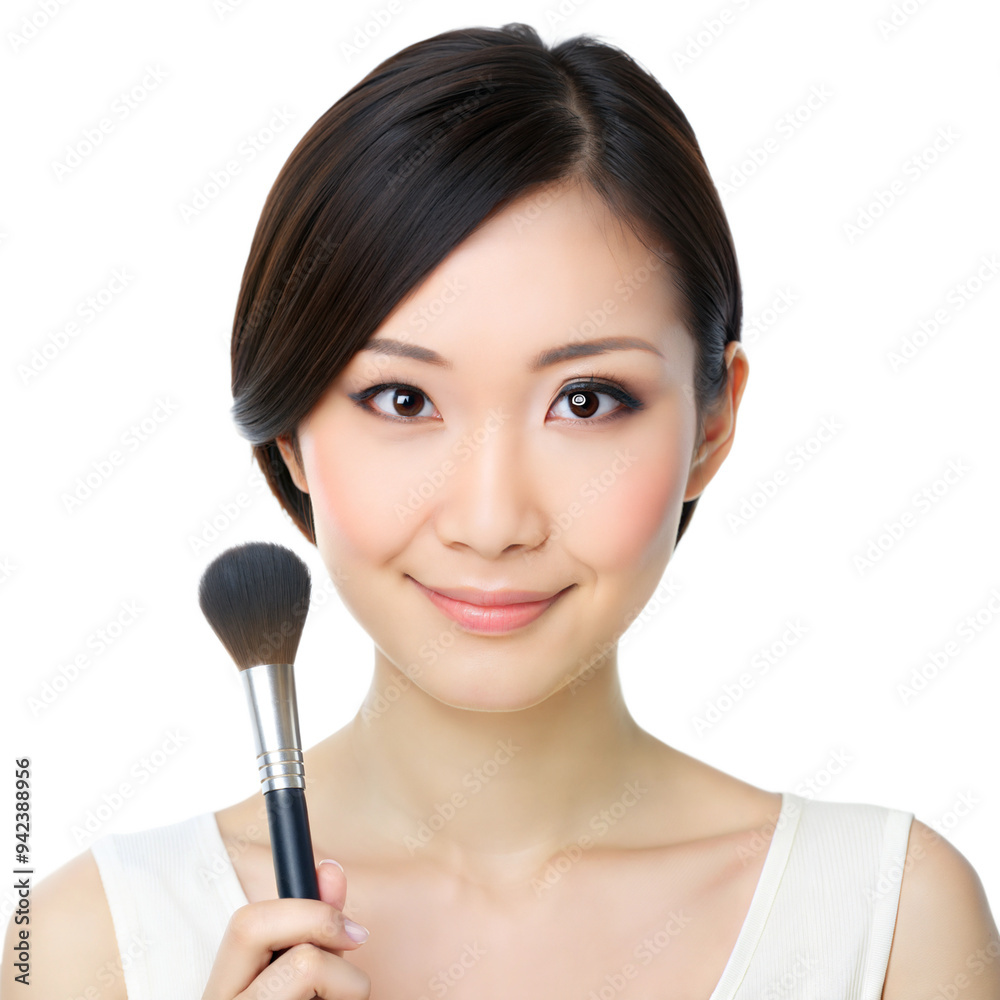 Woman with a makeup brush, preparing for a beauty routine Woman with a makeup brush, preparing for a beauty routine