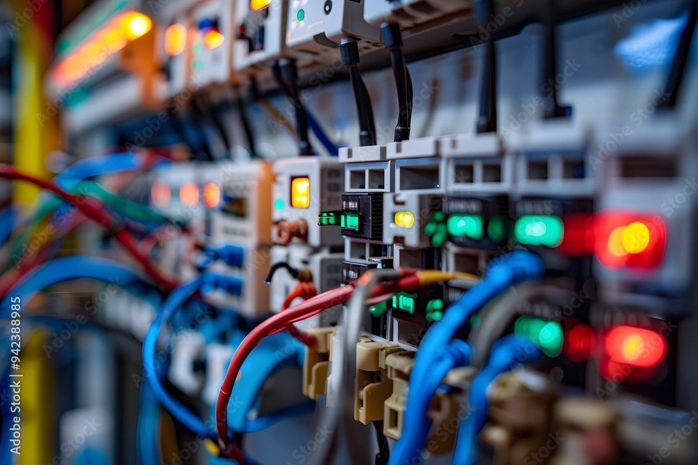 A closeup shot of an electrical panel with wires emphasizes the small details like printed circuit boards and colorful data. The background is blurred to focus on the electrical equipment in the foreg A closeup shot of an electrical panel with wires emphasizes the small details like printed circuit boards and colorful data. The background is blurred to focus on the electrical equipment in the foreg