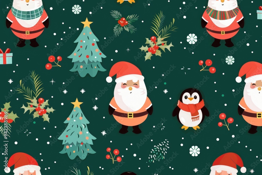 A festive design featuring Santa Claus surrounded by penguins in holiday spirit A festive design featuring Santa Claus surrounded by penguins in holiday spirit