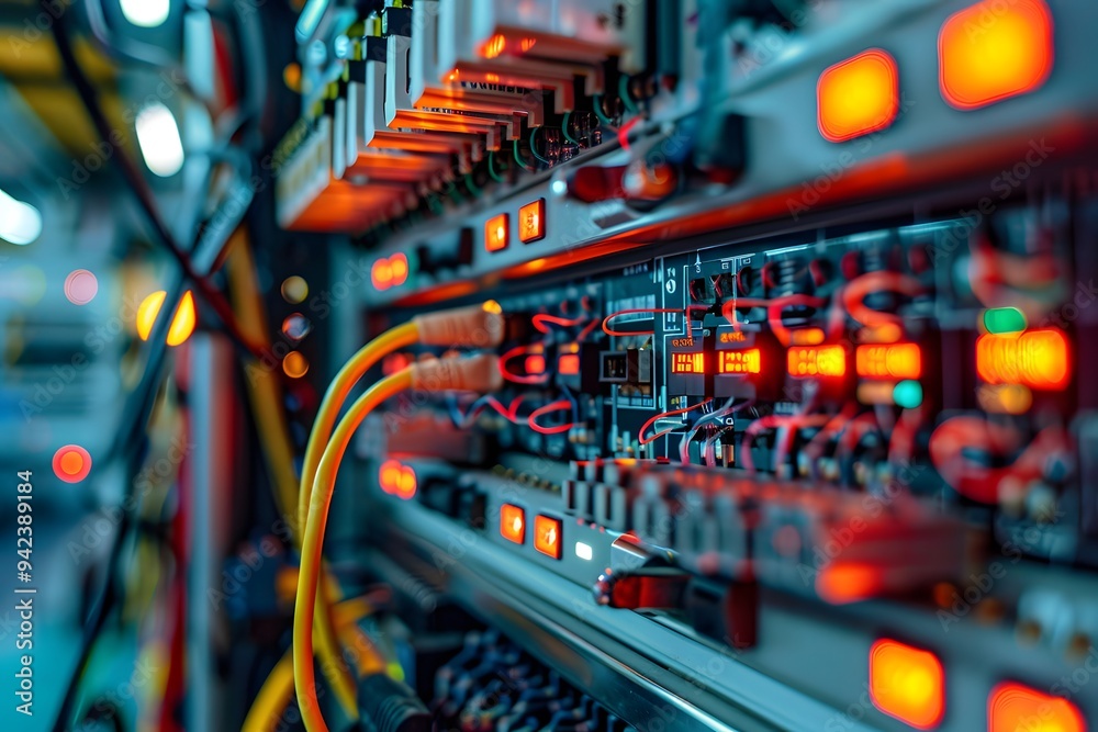 A closeup shot of an electrical panel with wires emphasizes the small details like printed circuit boards and colorful data. The background is blurred to focus on the electrical equipment in the foreg A closeup shot of an electrical panel with wires emphasizes the small details like printed circuit boards and colorful data. The background is blurred to focus on the electrical equipment in the foreg