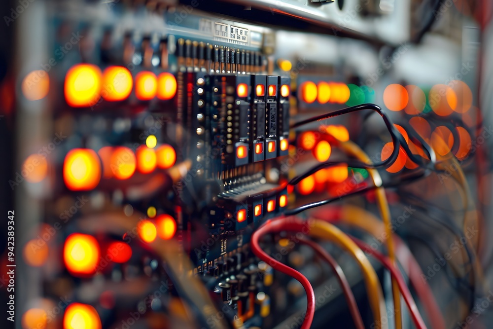 A closeup shot of an electrical panel with wires emphasizes the small details like printed circuit boards and colorful data. The background is blurred to focus on the electrical equipment in the foreg A closeup shot of an electrical panel with wires emphasizes the small details like printed circuit boards and colorful data. The background is blurred to focus on the electrical equipment in the foreg